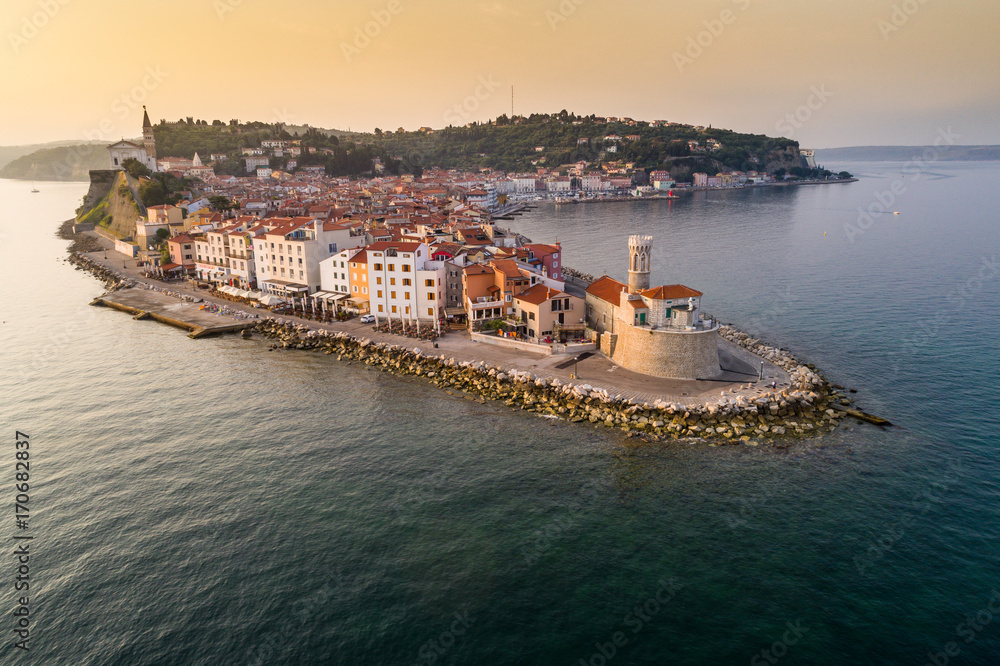 Piran on Slovenian adriatic coast in morning sun Piran on Slovenian adriatic coast in morning sun