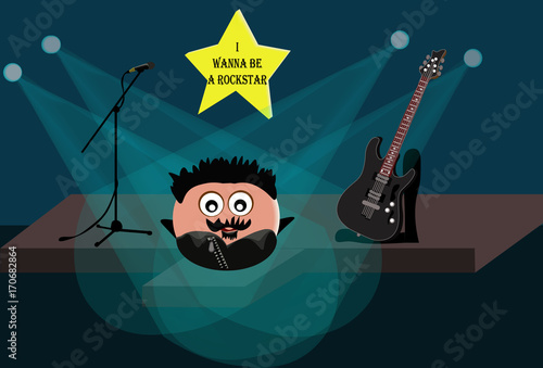 Cute cartoon handdrow rockstar with black rock guitar and microphone on stage. Vector illustration.