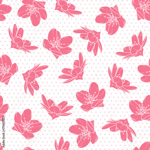 Bright pink cherry sakura flowers seamless pattern. Tree bloom blossom. Polka dot background. Vector design illustration for textile, fabric, wrapping, packaging, decoration.