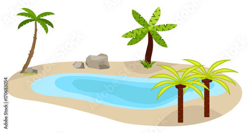 Lake with palm trees, a lake icon, an oasis in the desert, palm trees.