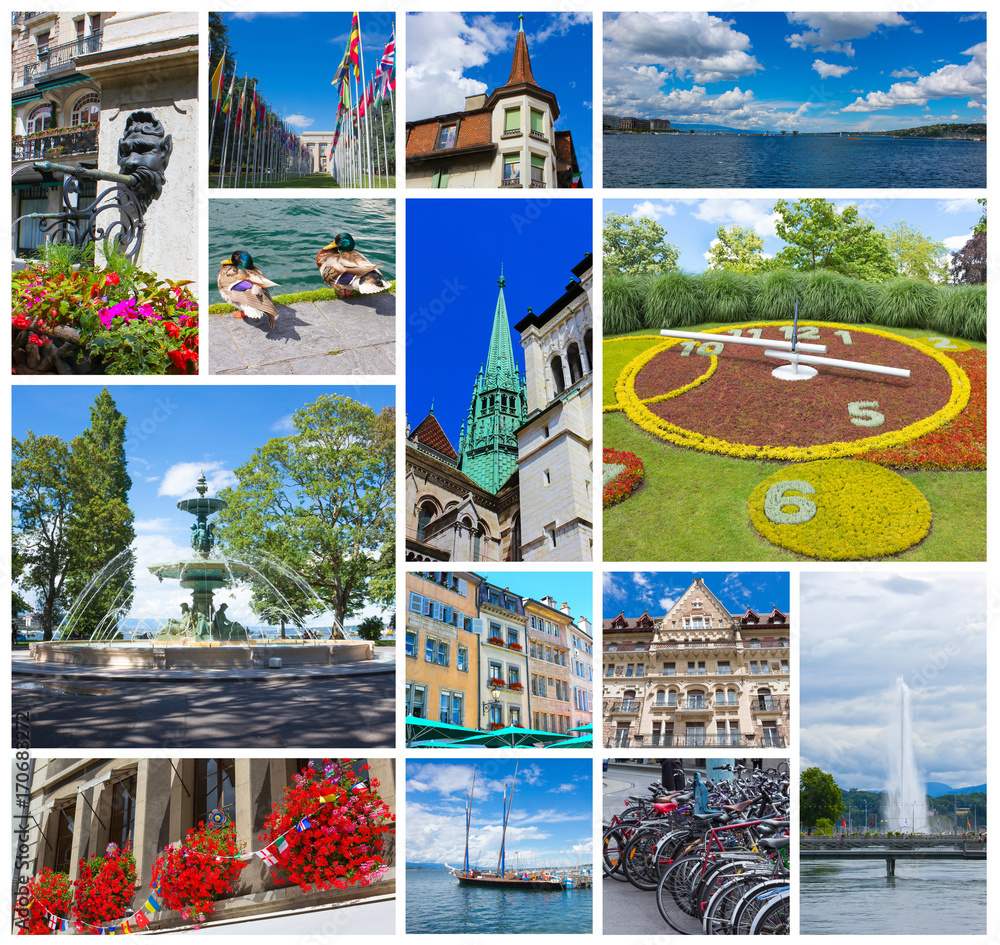 The collage from images of Geneva, Switzerland