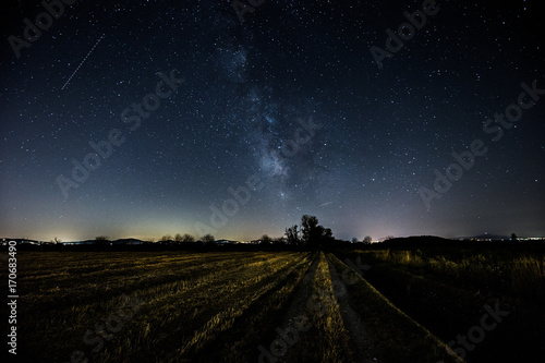 Beautiful view of milky way over a cultivated field and distant trees