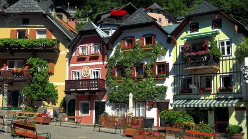 Famous old houses in Hallstatt village in summer day