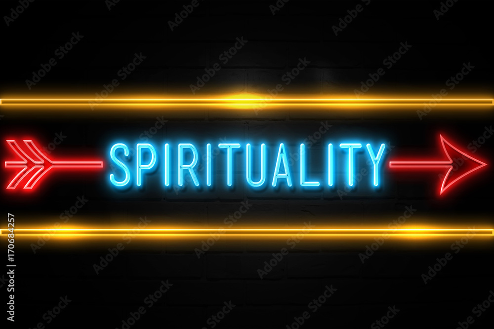 Spirituality  - fluorescent Neon Sign on brickwall Front view