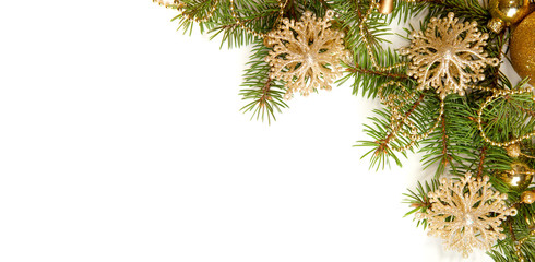 Fir branch with Christmas decorations   isolated on white background