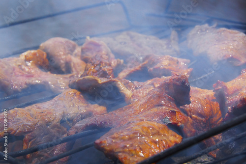 Closeup of some meat slice being grilled in a barbecue