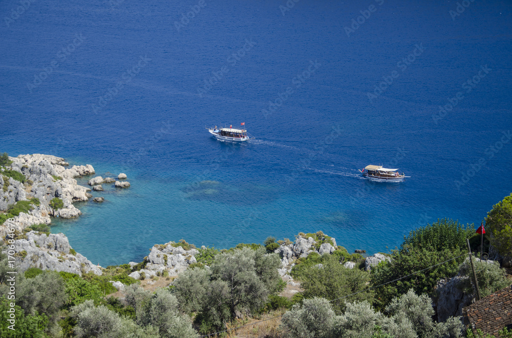 Scenic view of of Kekova Island and Kalekoy from Simena Castle, Kas Antalya Turkey