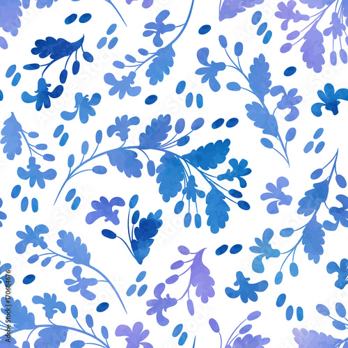 Watercolor flowers - seamless vector pattern. Grunge texture. Blue and white colors. Print for your textiles. © flovie