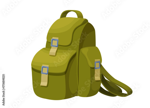 Backpack isolated icon in cartoon style, bag for travelling, camping vector illustration