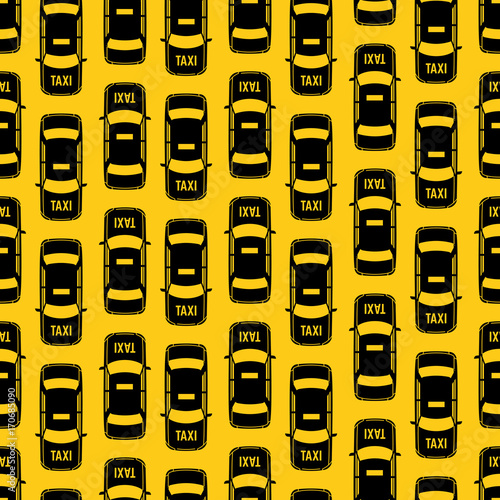 Black taxi traffic seamless pattern on yellow backdrop
