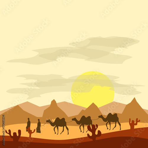 Caravan of camels in the desert  Bedouins lead camels through the desert