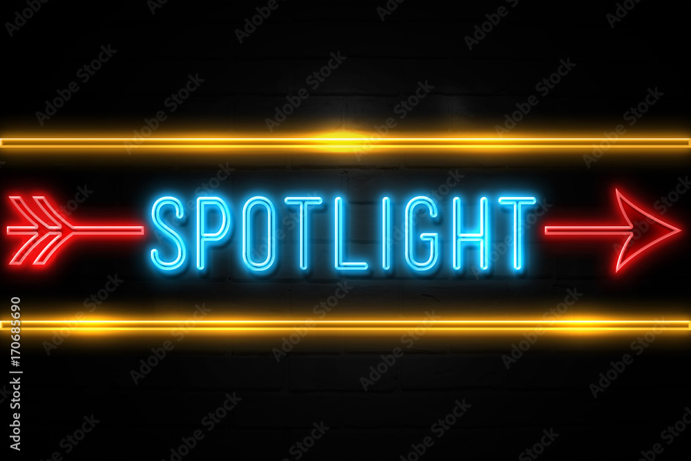 Spotlight  - fluorescent Neon Sign on brickwall Front view