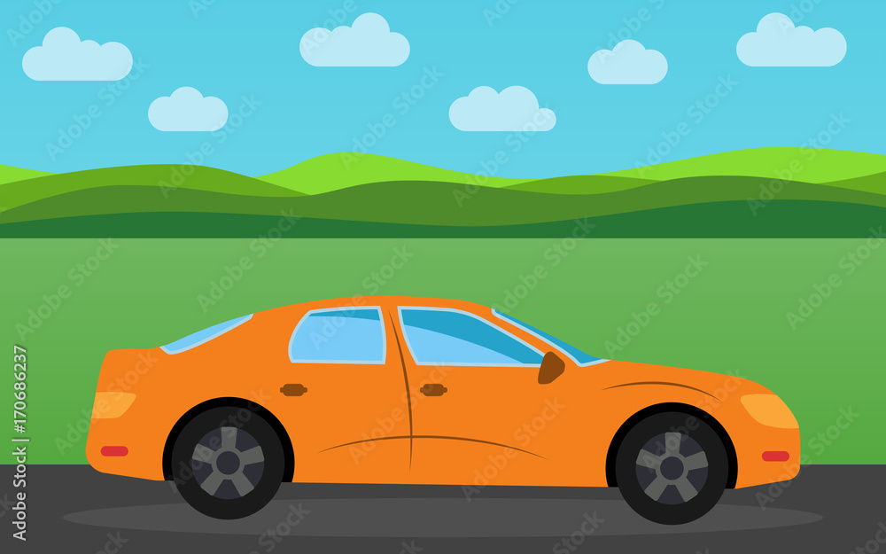 Orange sports car in the background of nature landscape in the daytime.  Vector illustration.
