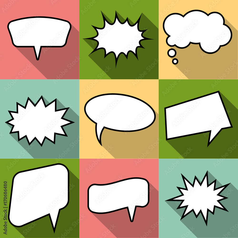 Set of nine cartoon comic balloon speech bubbles in flat style. Elements of  design comic books without phrases. Vector illustration Stock Vector |  Adobe Stock