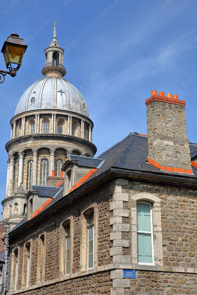 The Basilica of Notre Dame with restored facades in the foreground, Boulogne sur Mer, Cote d'Opale, Pas de Calais, Hauts de France