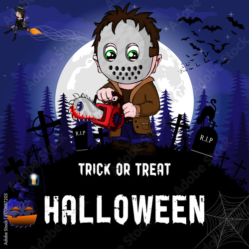 Halloween Party Design template, with witch, serial killer with mask,  pumpkin and lamp