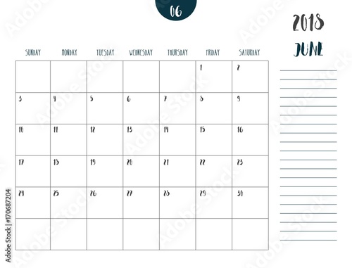 Vector of calendar 2018 ( june ) in simple clean table style with note line in earth tone color theme,full size 21 x 16 cm,Week start on Sunday. photo