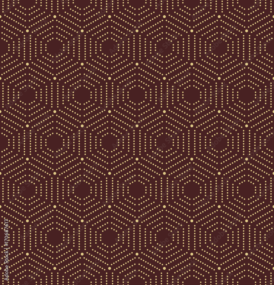 Geometric repeating ornament with hexagonal golden dotted elements. Geometric modern ornament. Seamless abstract modern pattern