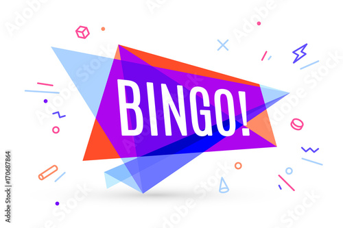 Colorful banner with text Bingo for emotion, inspiration and motivation. Trendy design elements in memphis style. Geometric graphic design for flyer, poster, web banner. Vector Illustration