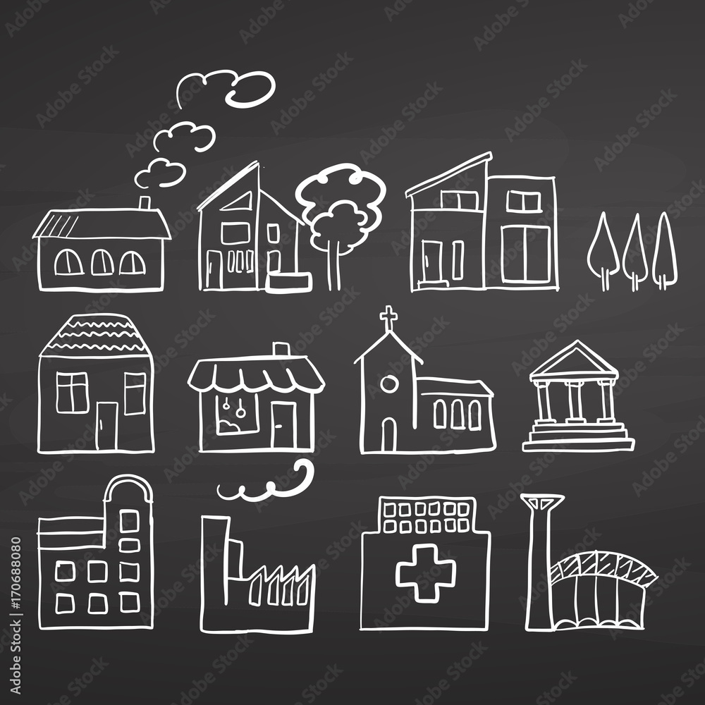 Fototapeta premium Various House sizes. Doodles on chalkboard.