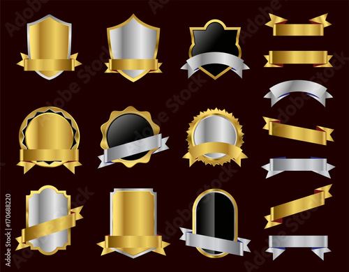 Set of Vector Golden Badge with ribbon on Black background, Retro Labels and Ribbons color design,  Vintage logo website and mobile website badges, ads, print material, label frame design 