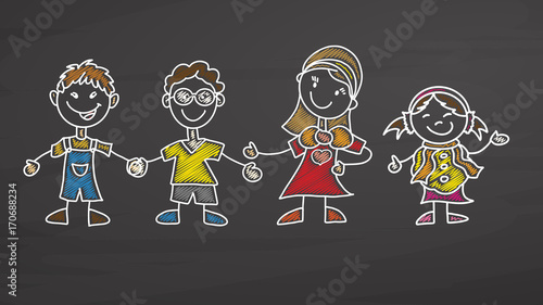 Teacher and Kids drawing on chalkboard