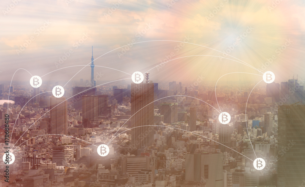 Obraz premium Blockchain and Bitcoin concept : Cityscape with bitcoin symbols connecting altogether.
