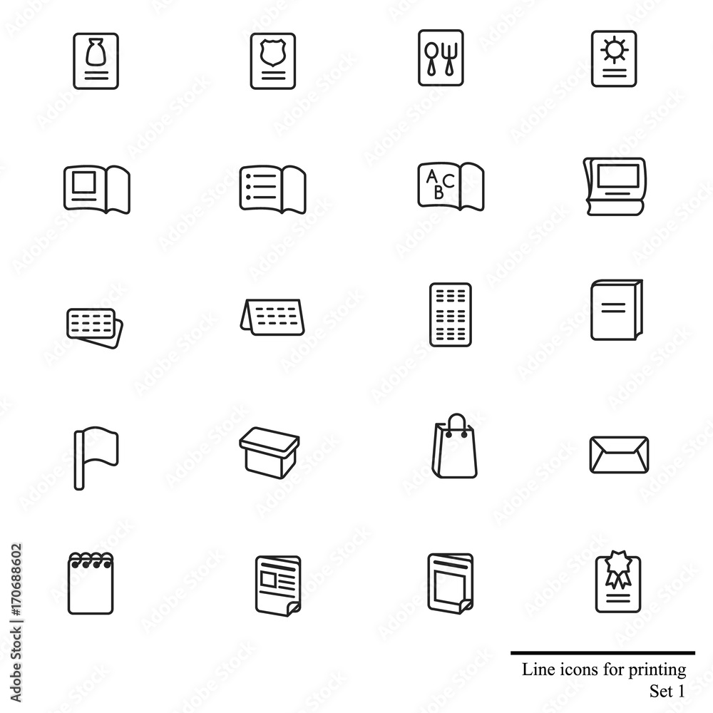 Line icons set for printing stuff / There are types of printing products like calendars, boxes and magazines

