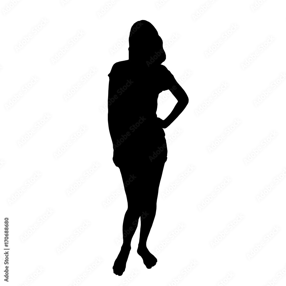Silhouette of a barefoot girl standing in shorts and a t-shirt with hand on hip vector illustration