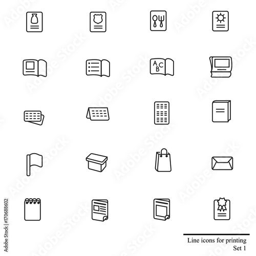 Line icons set for printing stuff / There are types of printing products like calendars, boxes and magazines
