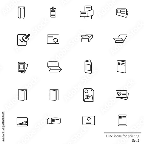 Line icons set for printing stuff / There are types of printing products like tickets, stickers and leaflets
