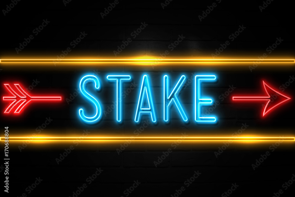 Stake - fluorescent Neon Sign on brickwall Front view Stake - fluorescent Neon Sign on brickwall Front view