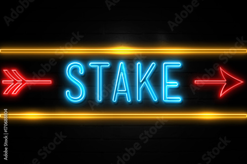 Stake - fluorescent Neon Sign on brickwall Front view