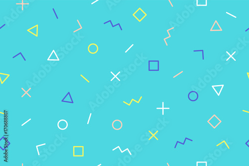 Seamless graphic pattern 90s trendy memphis style on blue background. Colorful pattern with different shapes objects. Design for wrapping paper, fabric background, wallpaper. Vector illustration