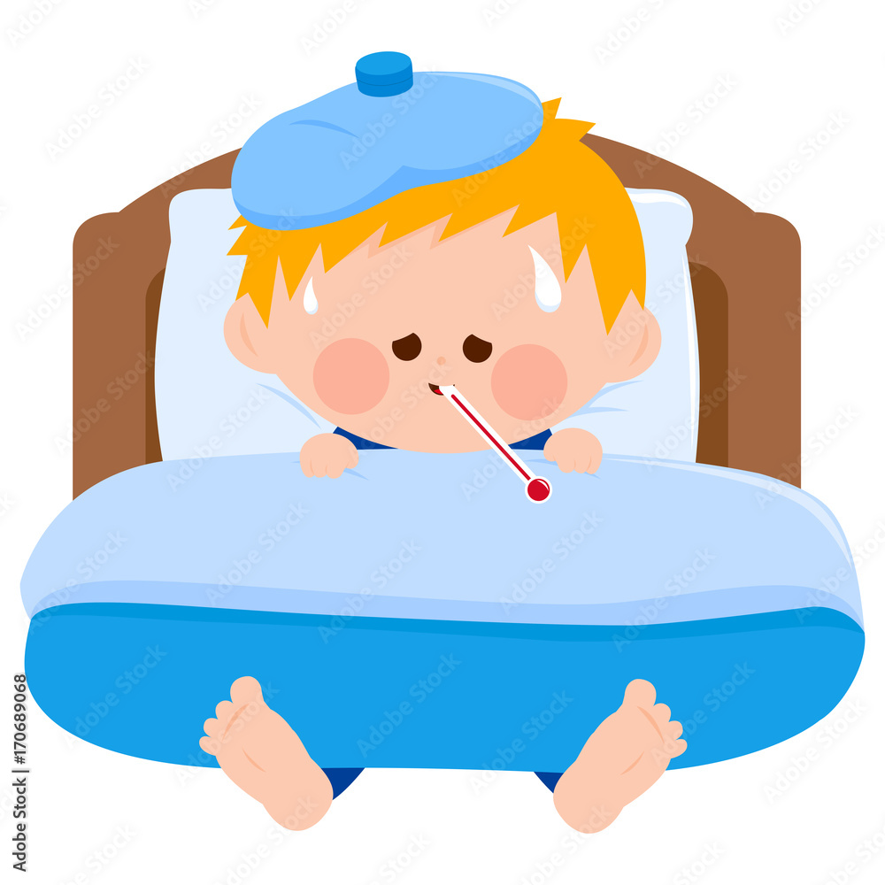 A sick child in bed, using a thermometer and a cool compress. Vector illustration A sick child in bed, using a thermometer and a cool compress. Vector illustration