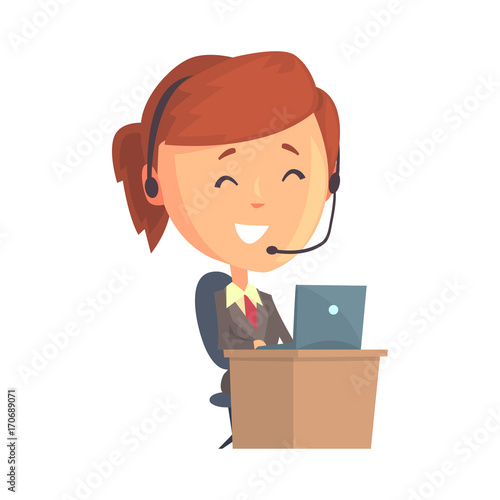 Businesswoman character sitting with laptop and headset, call center operator with a headset cartoon vector Illustration
