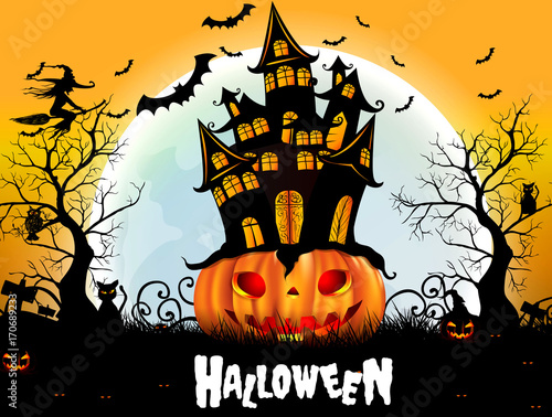 Halloween pumpkin and the moon Vector Design on Black and Orange stripe background, Happy Halloween text of Blood