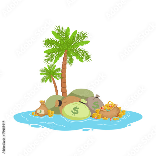 Big pile of money lying on a tropical island, offshore banking concept vector Illustration