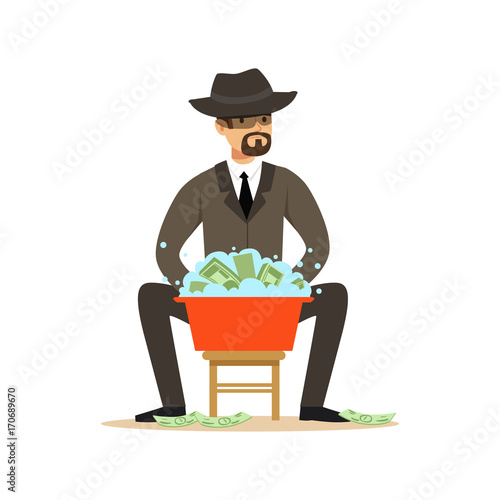 Man in a business suit and black hat washing the money in a basin with water, illegal money laundering vector Illustration