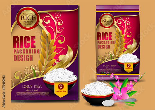 Golden and purple Rice Package Thailand food Logo Products and Fabric Background Thai Arts, banner and poster template design rice food.Golden template and rice design