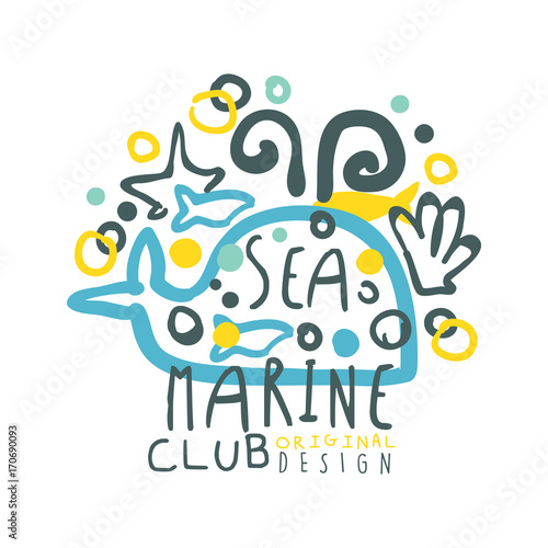 Sea marine club original logo design  summer travel and sport hand drawn colorful vector Illustration