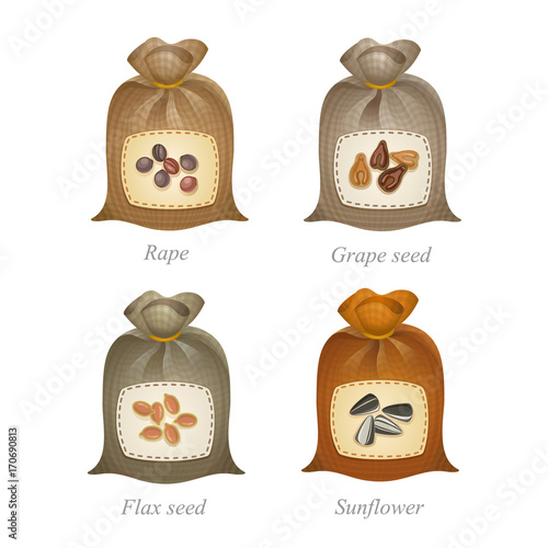 Four tied sacks with cereal and oilseeds labels on them / Tied sacks with rape, grape seed, flax seed, sunflower icons and names under them

