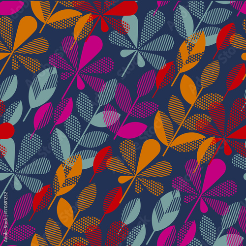 autumn leaf fall geometry modern motif in bright vivid color. vector illustration for surface design. seasonal cool leaves seamless pattern for fabric, wrapping paper