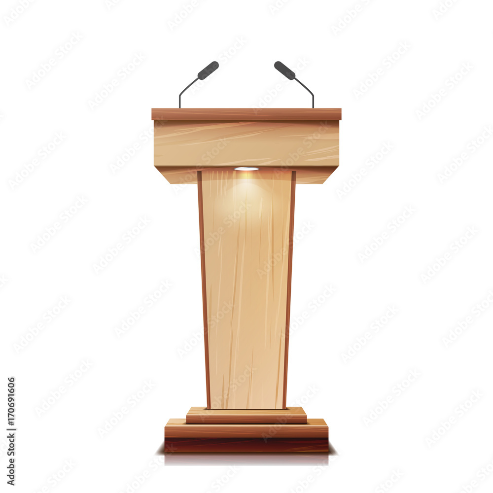 Realistic Wooden Tribune Isolated Vector. With Two Microphones. Wooden Classic Podium Stand Rostrum. Illustration Realistic Wooden Tribune Isolated Vector. With Two Microphones. Wooden Classic Podium Stand Rostrum. Illustration