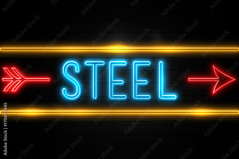 Steel  - fluorescent Neon Sign on brickwall Front view