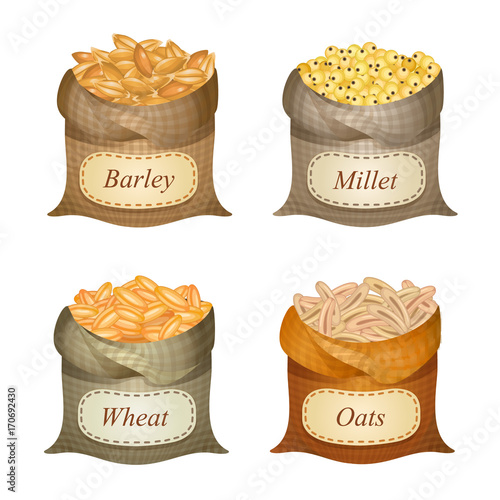 Four untied sacks with cereal and labels on them / Untied sacks with barley, millet, wheat, oats and names on them
