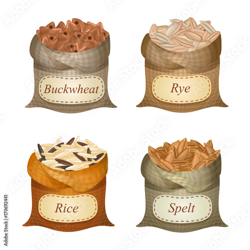 Four untied sacks with cereal and labels on them / Untied sacks with buckwheat, spelt, rye, rice and names on them
