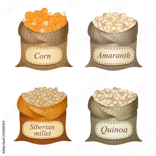 Four untied sacks with cereal and labels on them / Untied sacks with corn, siberian millet, quinoa, amaranth and names on them
