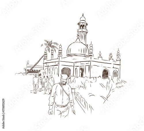 Hand drawn sketch of Haji Ali Dargah Mumbai India. Vector illustration.