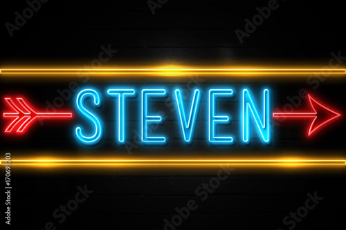 Steven  - fluorescent Neon Sign on brickwall Front view